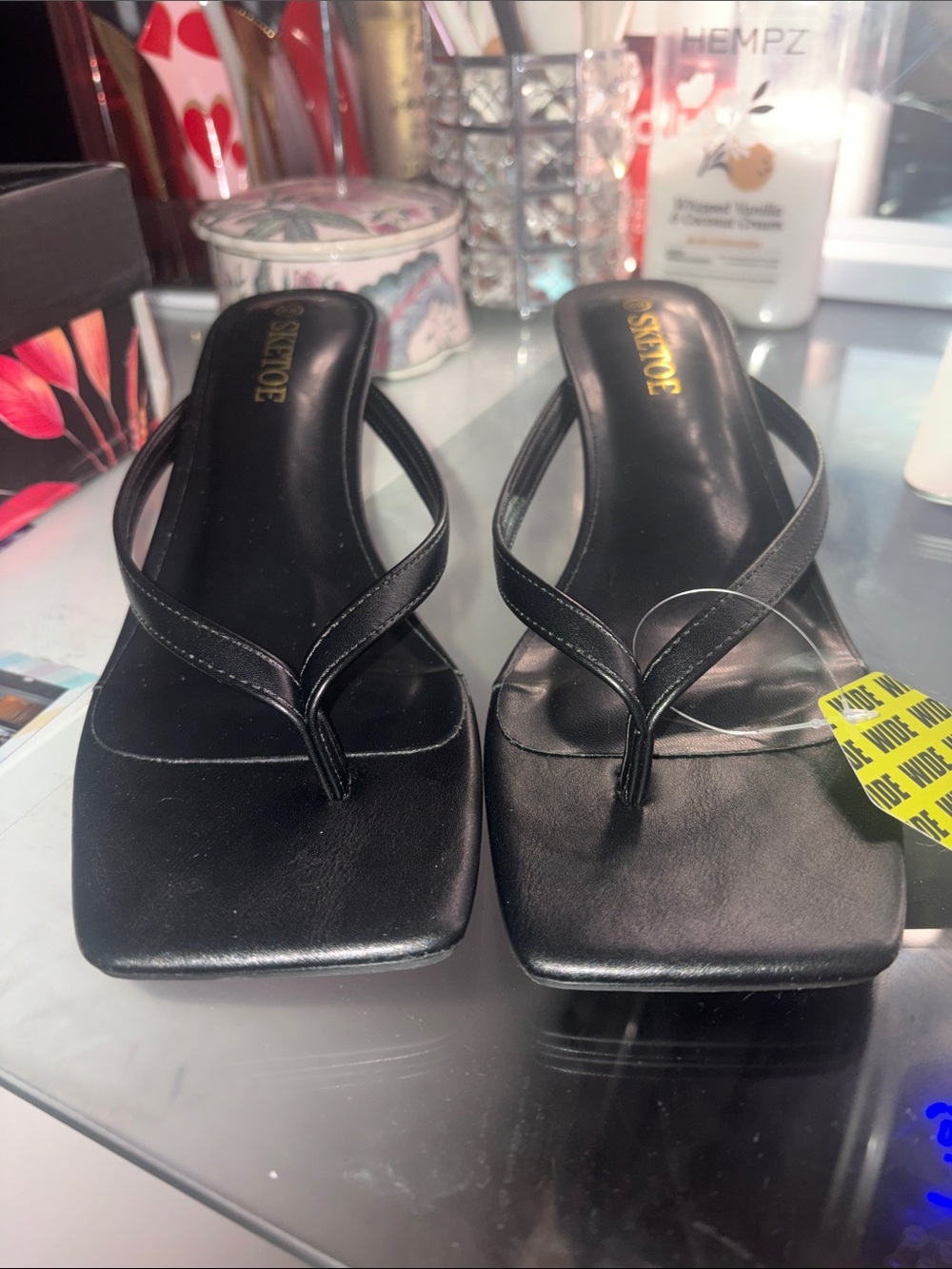 Black Square-Toe Thong Heels